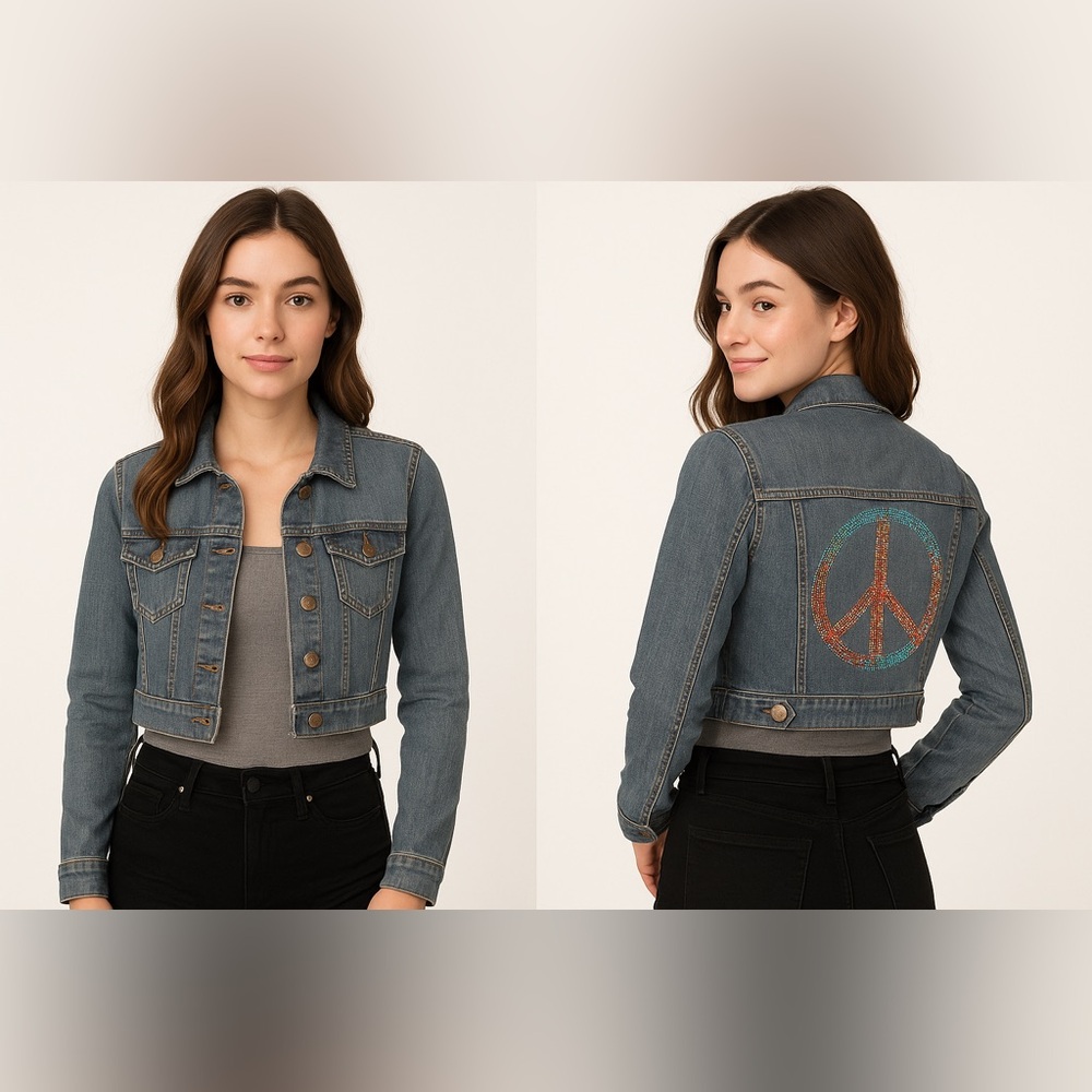 Go Jeans Cropped Jean Jacket With‎ Crystal Peace Sign Sz. M